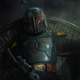 Crop of a poster for The Book of Boba Fett showing the titular bounty hunter sitting in his throne.